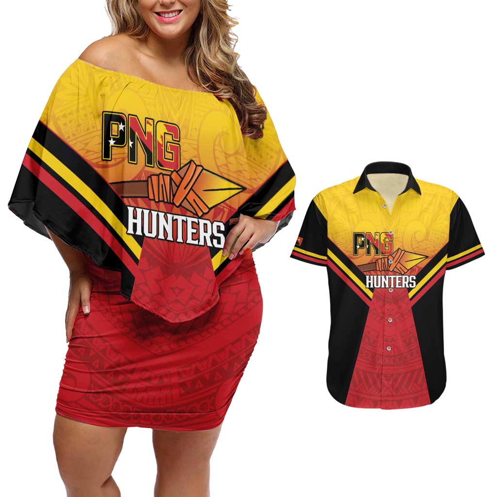Papua New Guinea Rugby Custom Couples Matching Off Shoulder Short Dress and Hawaiian Shirt Go PNG Hunters Polynesian Pattern - Aussie Hoodie