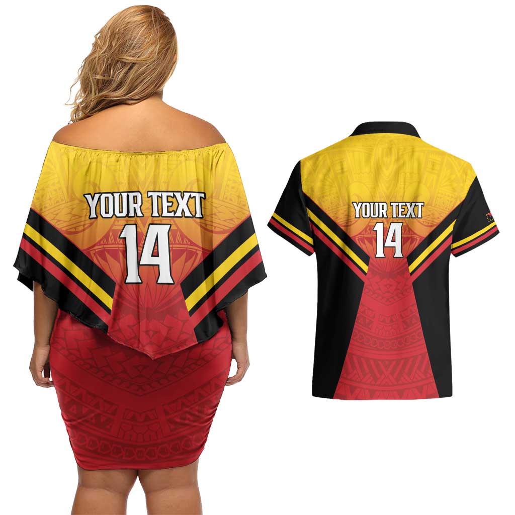 Papua New Guinea Rugby Custom Couples Matching Off Shoulder Short Dress and Hawaiian Shirt Go PNG Hunters Polynesian Pattern - Aussie Hoodie