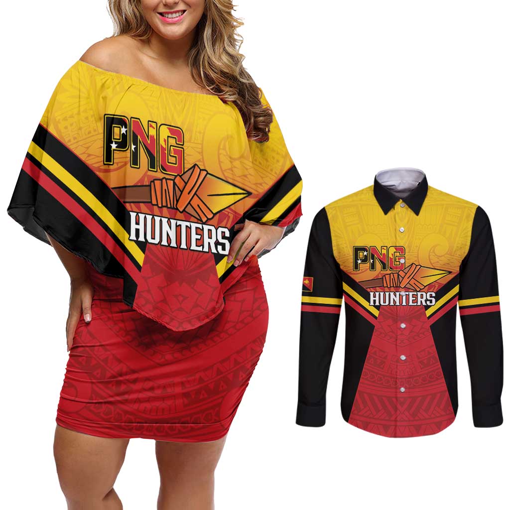 Papua New Guinea Rugby Custom Couples Matching Off Shoulder Short Dress and Long Sleeve Button Shirt Go PNG Hunters Polynesian Pattern - Aussie Hoodie