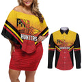 Papua New Guinea Rugby Custom Couples Matching Off Shoulder Short Dress and Long Sleeve Button Shirt Go PNG Hunters Polynesian Pattern - Aussie Hoodie