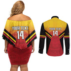 Papua New Guinea Rugby Custom Couples Matching Off Shoulder Short Dress and Long Sleeve Button Shirt Go PNG Hunters Polynesian Pattern - Aussie Hoodie