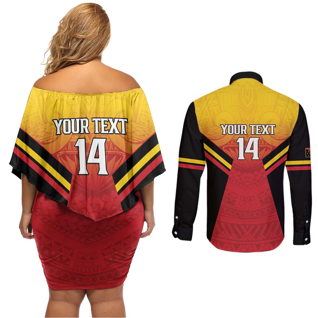 Papua New Guinea Rugby Custom Couples Matching Off Shoulder Short Dress and Long Sleeve Button Shirt Go PNG Hunters Polynesian Pattern - Aussie Hoodie