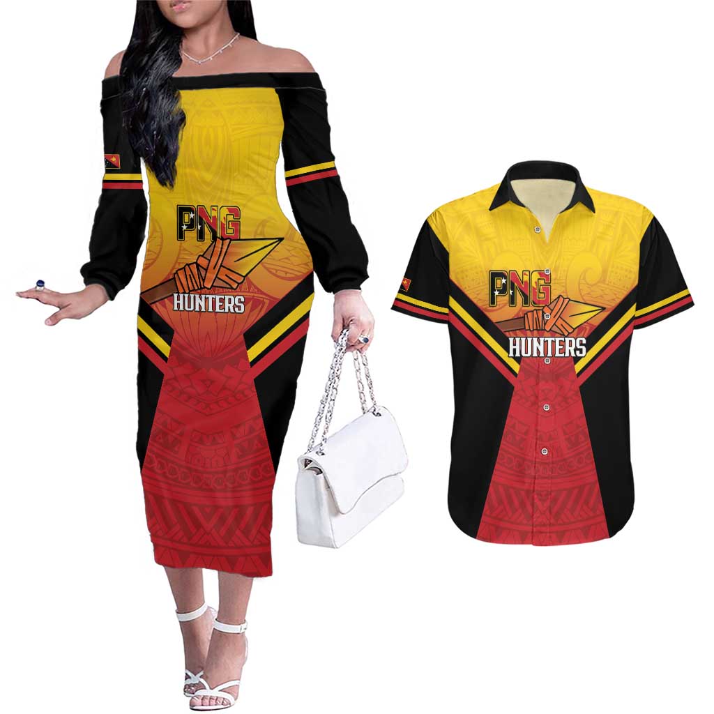 Papua New Guinea Rugby Custom Couples Matching Off The Shoulder Long Sleeve Dress and Hawaiian Shirt Go PNG Hunters Polynesian Pattern - Aussie Hoodie