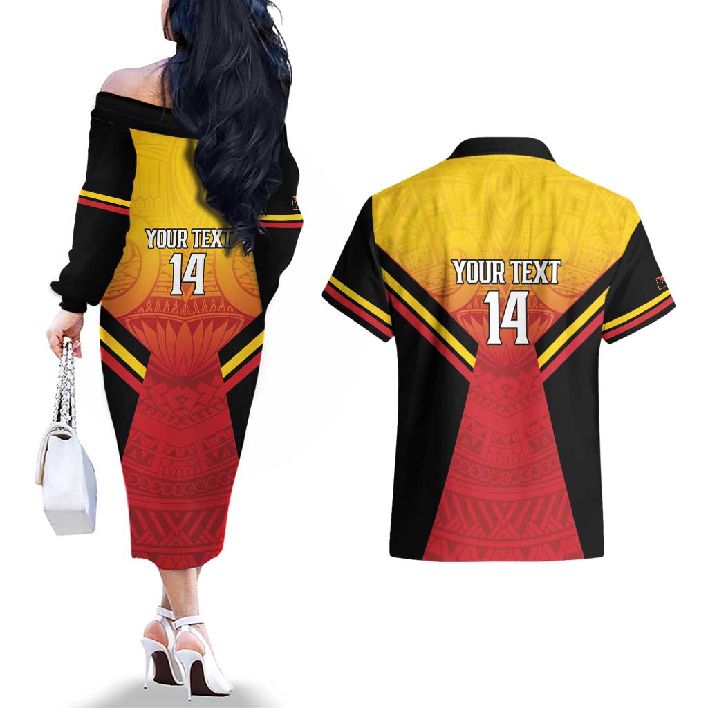 Papua New Guinea Rugby Custom Couples Matching Off The Shoulder Long Sleeve Dress and Hawaiian Shirt Go PNG Hunters Polynesian Pattern - Aussie Hoodie