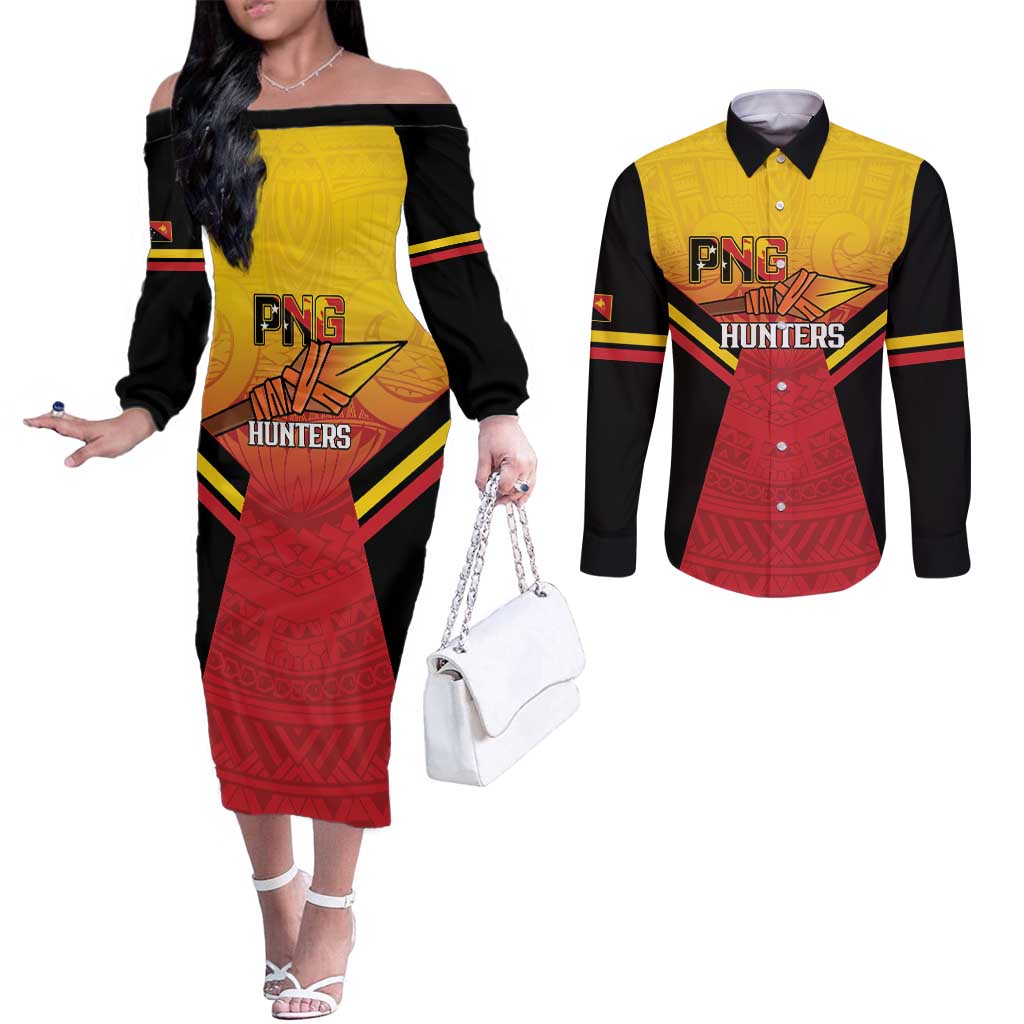Papua New Guinea Rugby Custom Couples Matching Off The Shoulder Long Sleeve Dress and Long Sleeve Button Shirt Go PNG Hunters Polynesian Pattern - Aussie Hoodie