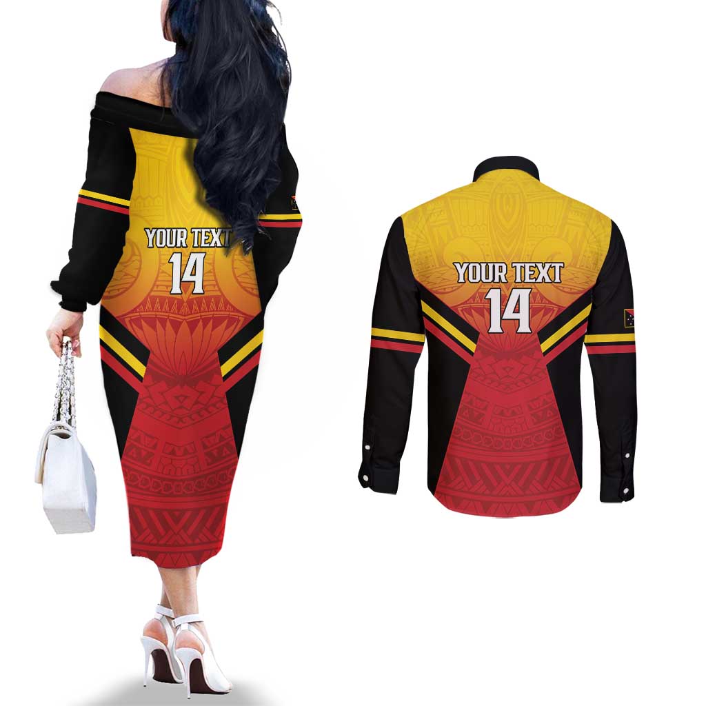 Papua New Guinea Rugby Custom Couples Matching Off The Shoulder Long Sleeve Dress and Long Sleeve Button Shirt Go PNG Hunters Polynesian Pattern - Aussie Hoodie