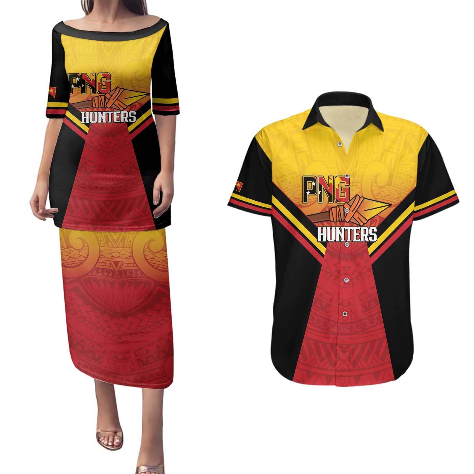 Papua New Guinea Rugby Custom Couples Matching Puletasi and Hawaiian Shirt Go PNG Hunters Polynesian Pattern - Aussie Hoodie