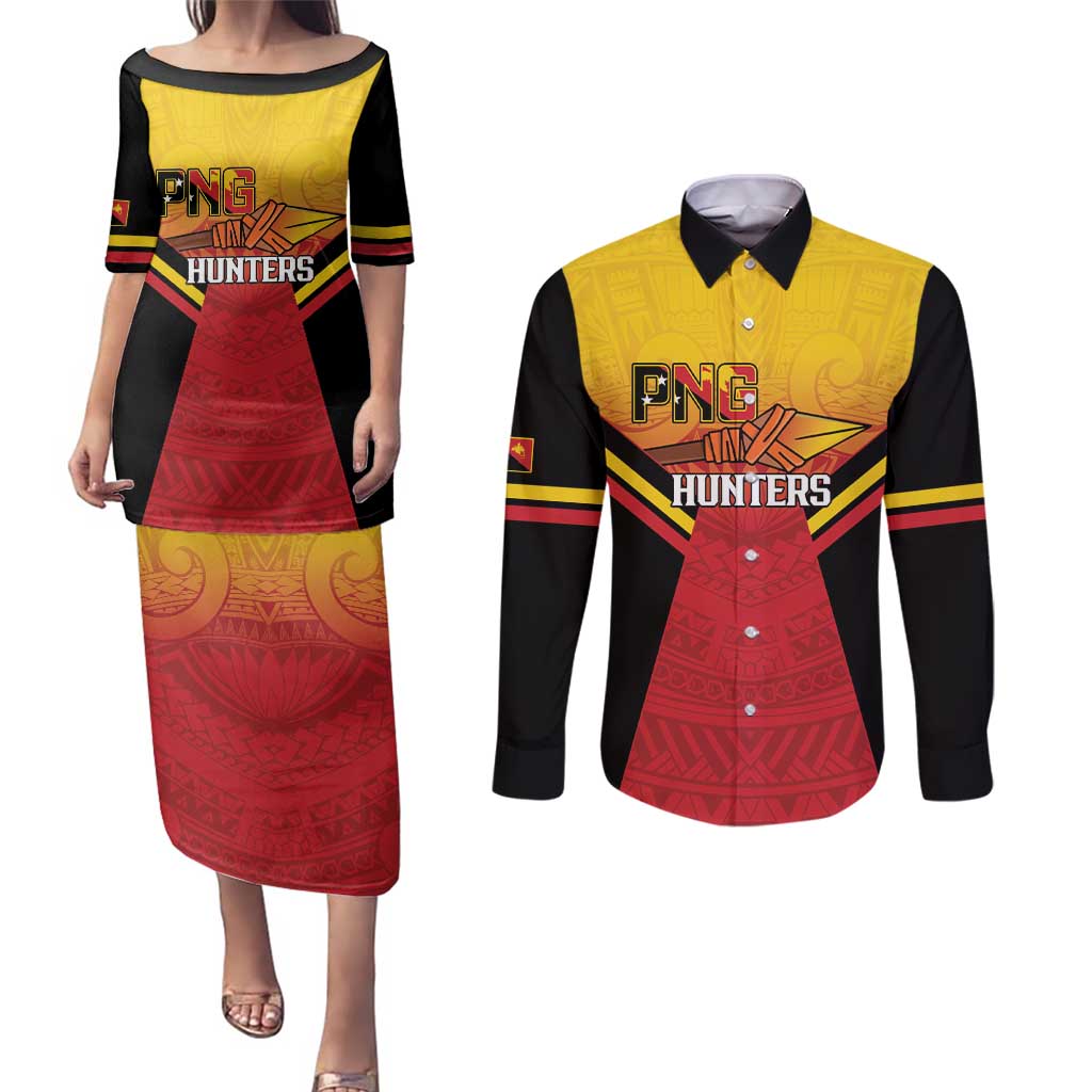 Papua New Guinea Rugby Custom Couples Matching Puletasi and Long Sleeve Button Shirt Go PNG Hunters Polynesian Pattern - Aussie Hoodie