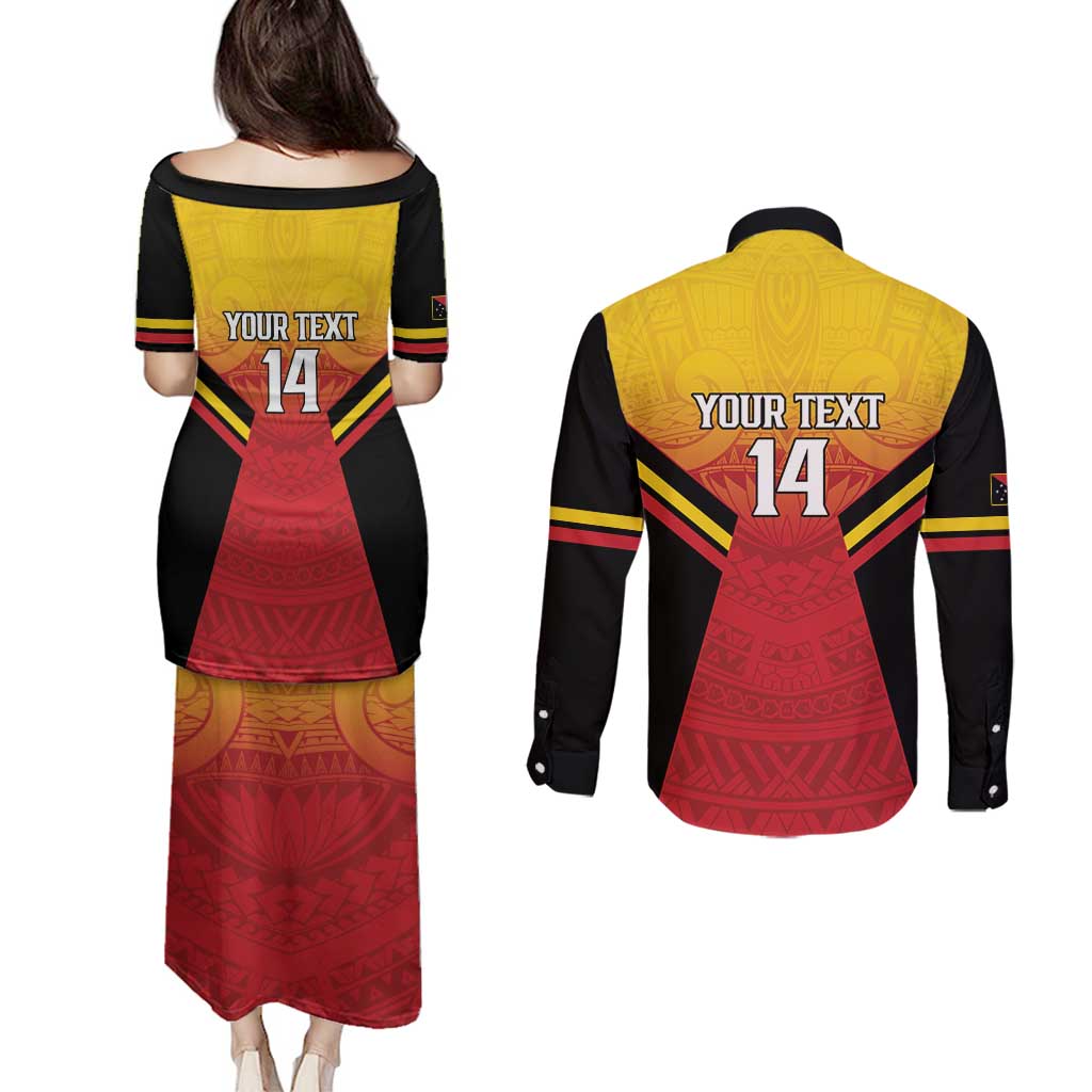 Papua New Guinea Rugby Custom Couples Matching Puletasi and Long Sleeve Button Shirt Go PNG Hunters Polynesian Pattern - Aussie Hoodie