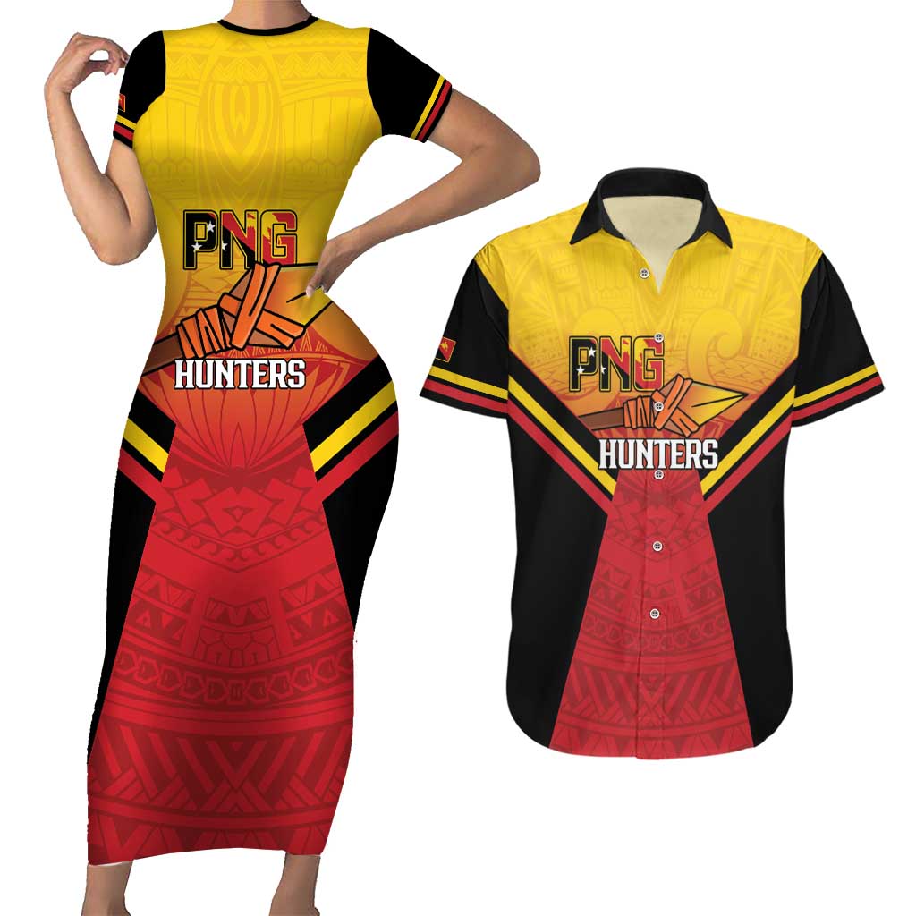 Papua New Guinea Rugby Custom Couples Matching Short Sleeve Bodycon Dress and Hawaiian Shirt Go PNG Hunters Polynesian Pattern - Aussie Hoodie