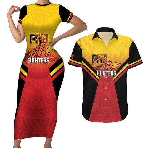 Papua New Guinea Rugby Custom Couples Matching Short Sleeve Bodycon Dress and Hawaiian Shirt Go PNG Hunters Polynesian Pattern - Aussie Hoodie