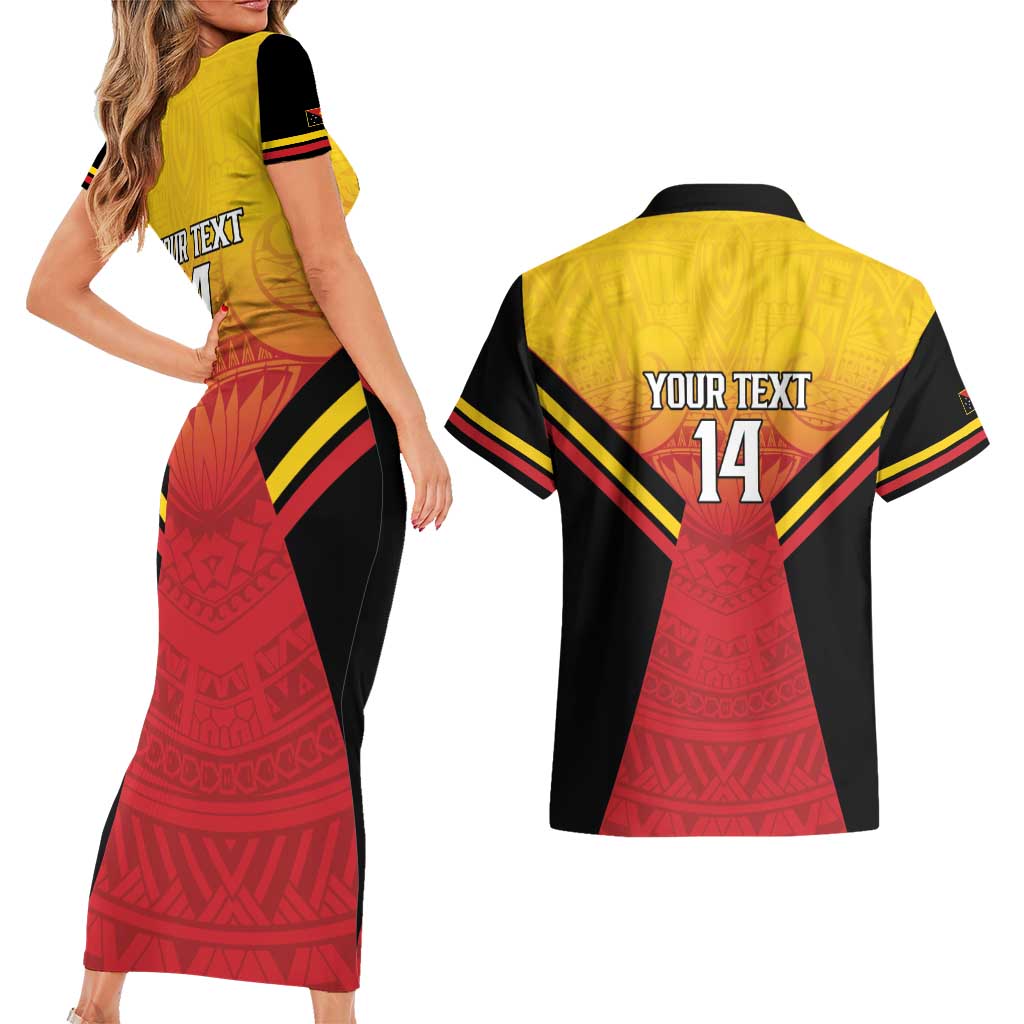 Papua New Guinea Rugby Custom Couples Matching Short Sleeve Bodycon Dress and Hawaiian Shirt Go PNG Hunters Polynesian Pattern - Aussie Hoodie