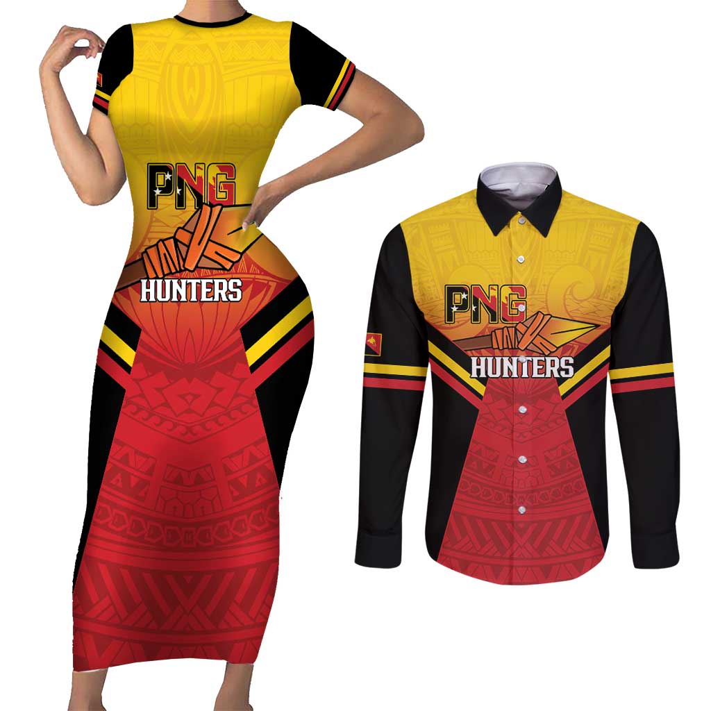 Papua New Guinea Rugby Custom Couples Matching Short Sleeve Bodycon Dress and Long Sleeve Button Shirt Go PNG Hunters Polynesian Pattern - Aussie Hoodie