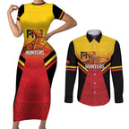 Papua New Guinea Rugby Custom Couples Matching Short Sleeve Bodycon Dress and Long Sleeve Button Shirt Go PNG Hunters Polynesian Pattern - Aussie Hoodie