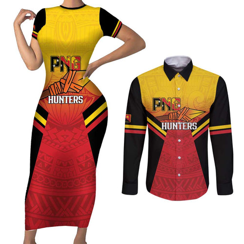 Papua New Guinea Rugby Custom Couples Matching Short Sleeve Bodycon Dress and Long Sleeve Button Shirt Go PNG Hunters Polynesian Pattern - Aussie Hoodie