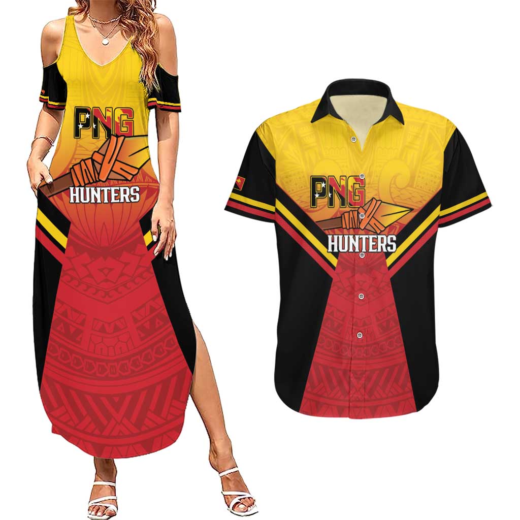 Papua New Guinea Rugby Custom Couples Matching Summer Maxi Dress and Hawaiian Shirt Go PNG Hunters Polynesian Pattern - Aussie Hoodie