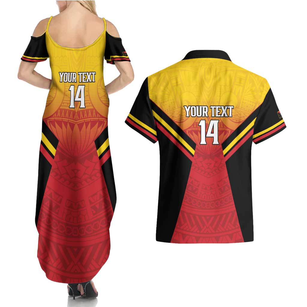 Papua New Guinea Rugby Custom Couples Matching Summer Maxi Dress and Hawaiian Shirt Go PNG Hunters Polynesian Pattern - Aussie Hoodie