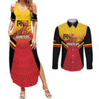 Papua New Guinea Rugby Custom Couples Matching Summer Maxi Dress and Long Sleeve Button Shirt Go PNG Hunters Polynesian Pattern - Aussie Hoodie