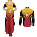 Papua New Guinea Rugby Custom Couples Matching Summer Maxi Dress and Long Sleeve Button Shirt Go PNG Hunters Polynesian Pattern - Aussie Hoodie