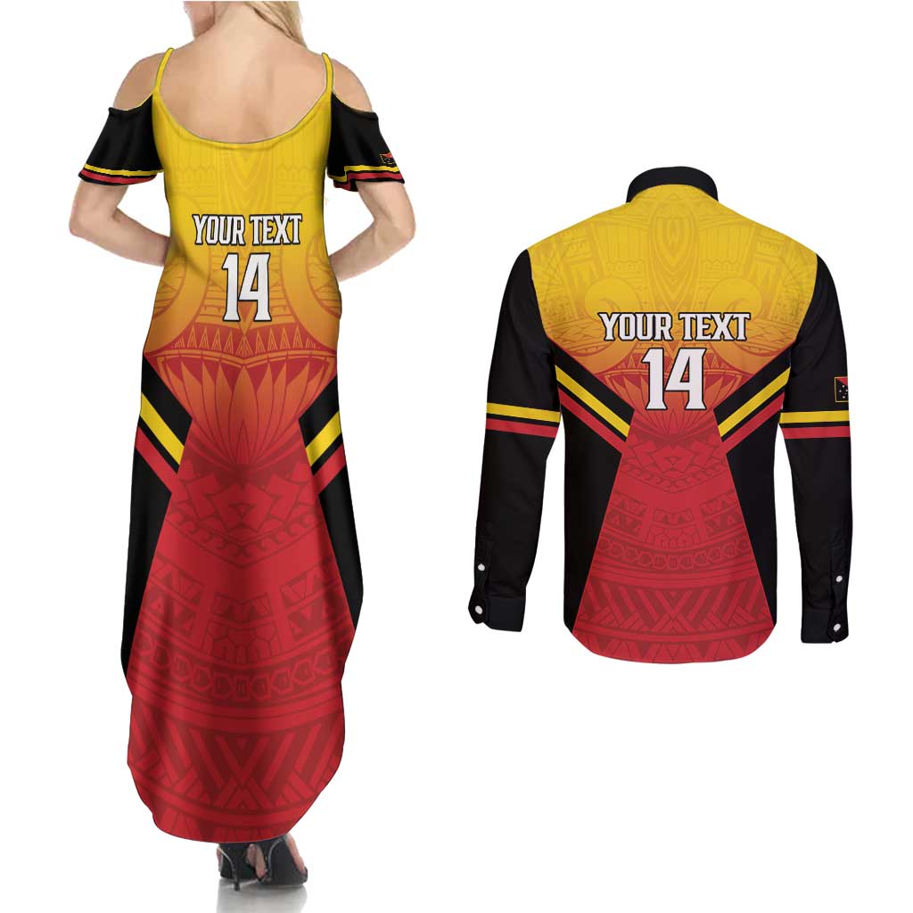 Papua New Guinea Rugby Custom Couples Matching Summer Maxi Dress and Long Sleeve Button Shirt Go PNG Hunters Polynesian Pattern - Aussie Hoodie
