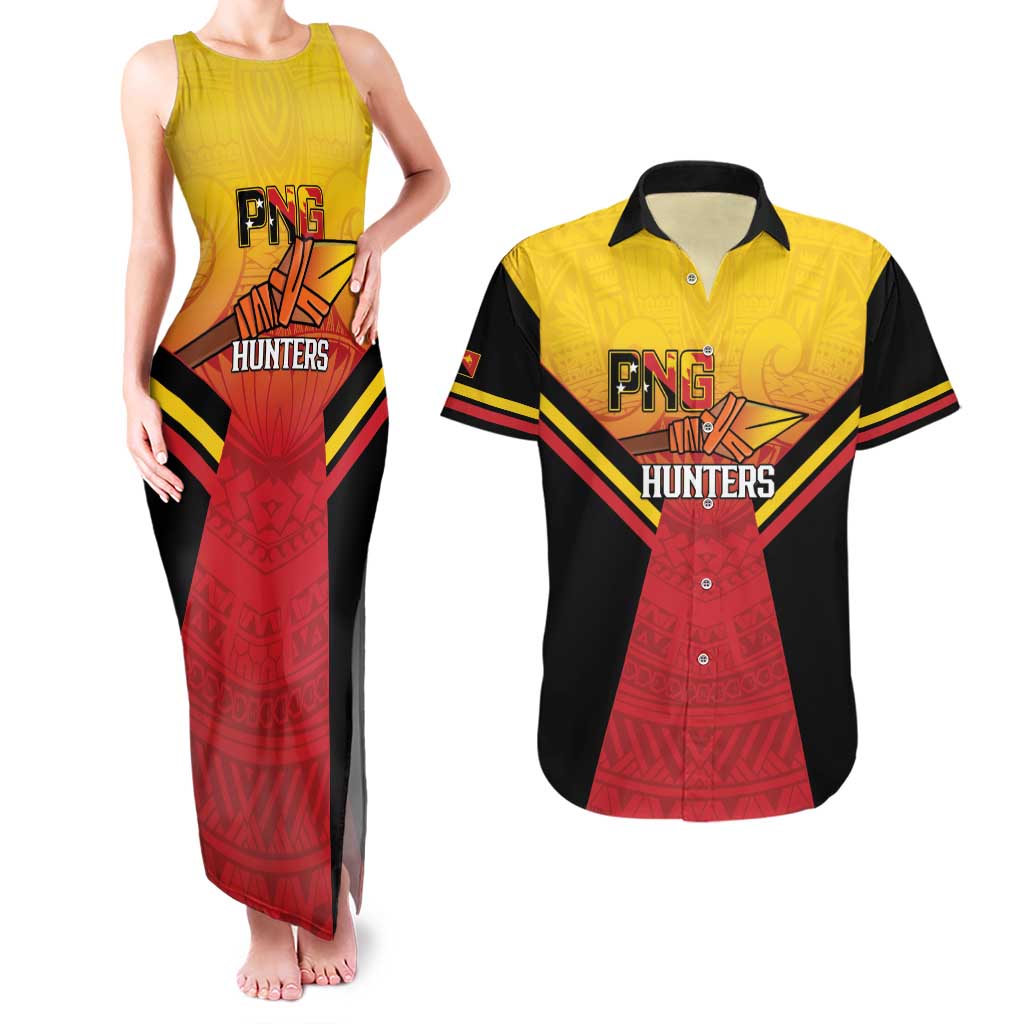 Papua New Guinea Rugby Custom Couples Matching Tank Maxi Dress and Hawaiian Shirt Go PNG Hunters Polynesian Pattern - Aussie Hoodie