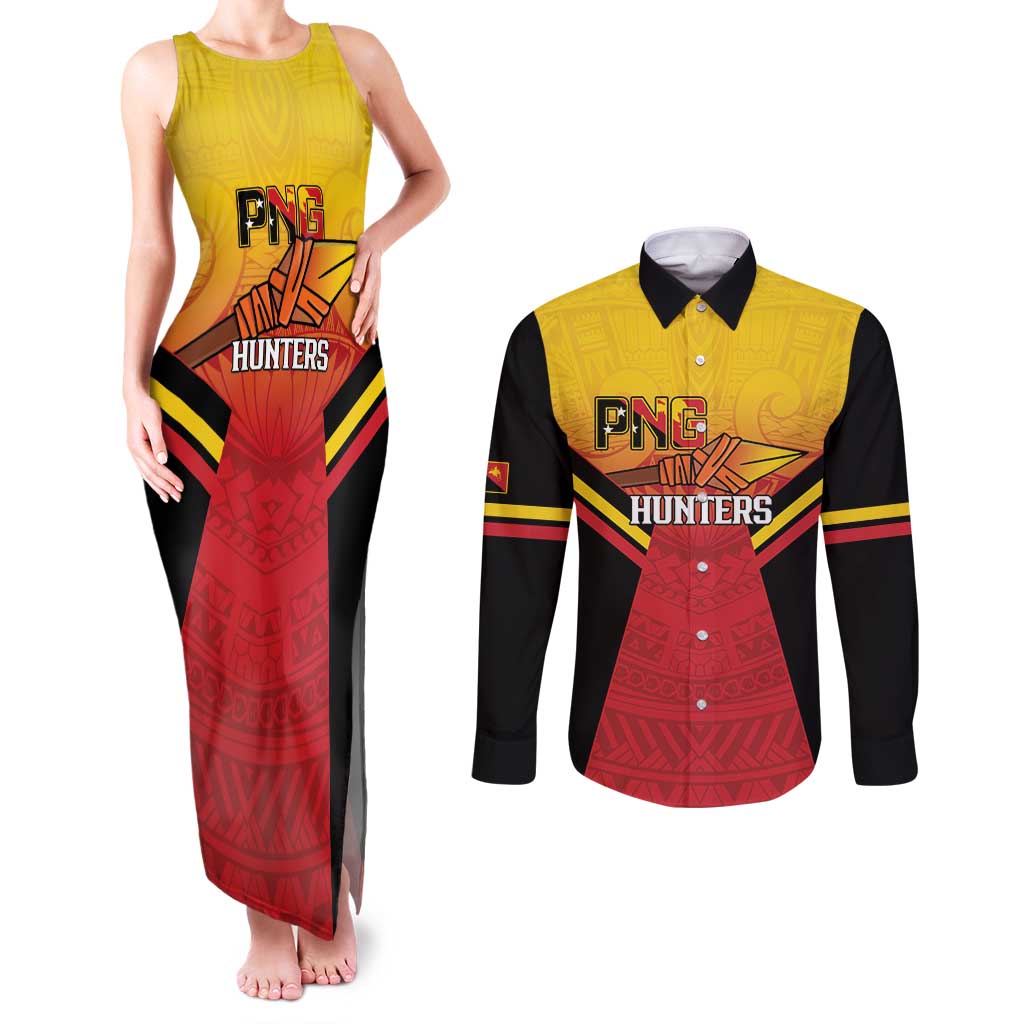 Papua New Guinea Rugby Custom Couples Matching Tank Maxi Dress and Long Sleeve Button Shirt Go PNG Hunters Polynesian Pattern - Aussie Hoodie