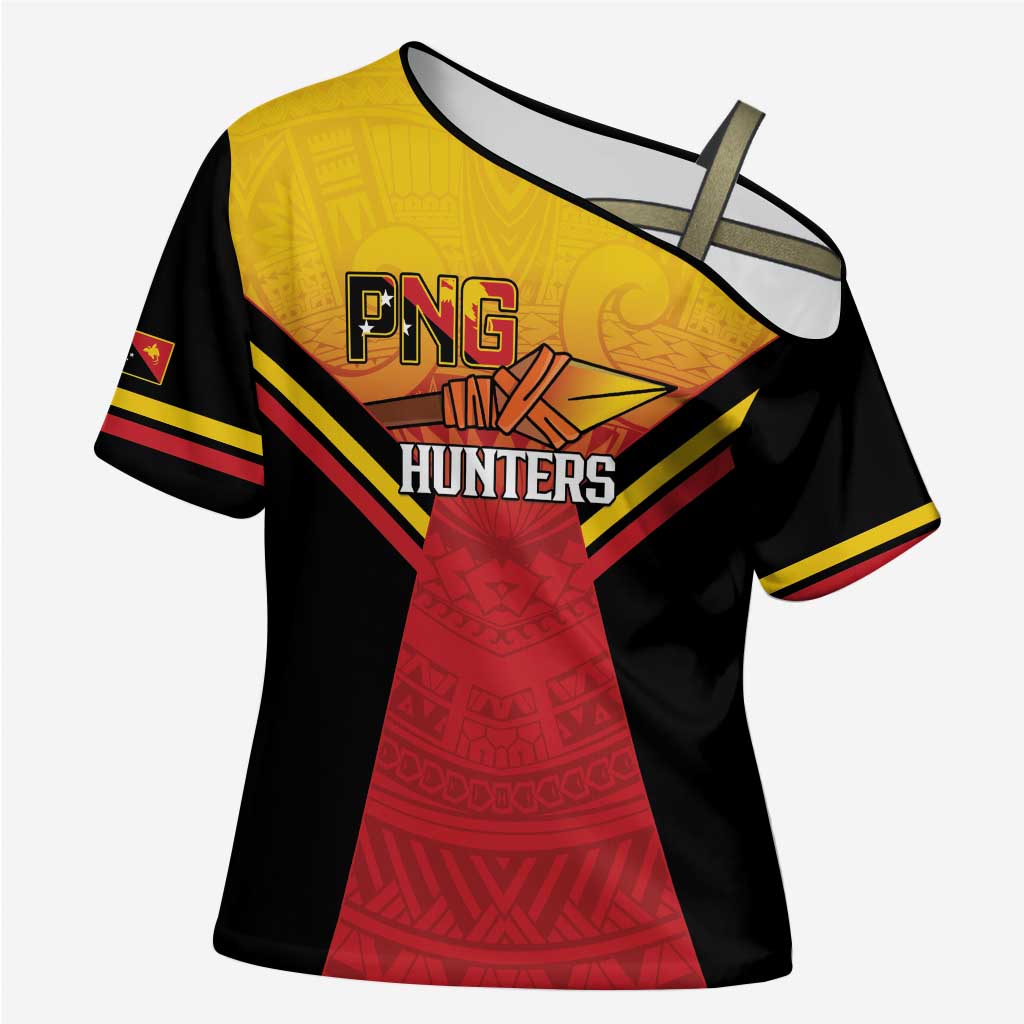 Papua New Guinea Rugby Custom Cross Shoulder Shirt Go PNG Hunters Polynesian Pattern - Aussie Hoodie