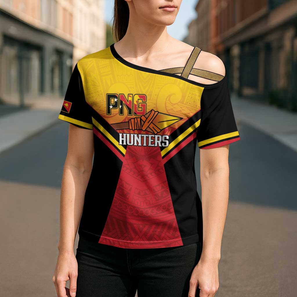Papua New Guinea Rugby Custom Cross Shoulder Shirt Go PNG Hunters Polynesian Pattern - Aussie Hoodie