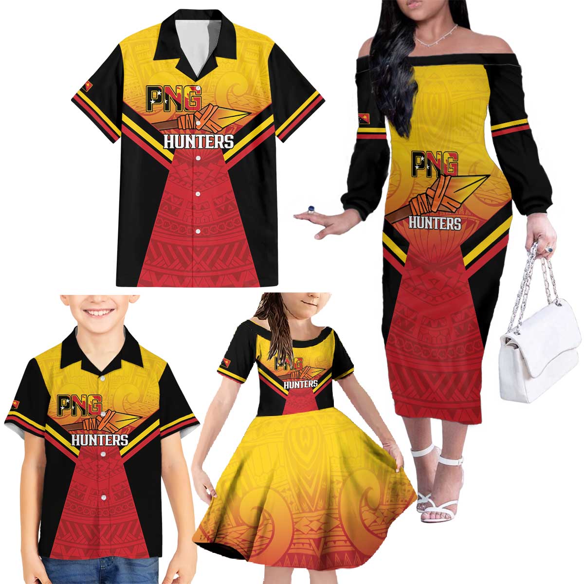 Papua New Guinea Rugby Custom Family Matching Off The Shoulder Long Sleeve Dress and Hawaiian Shirt Go PNG Hunters Polynesian Pattern - Aussie Hoodie
