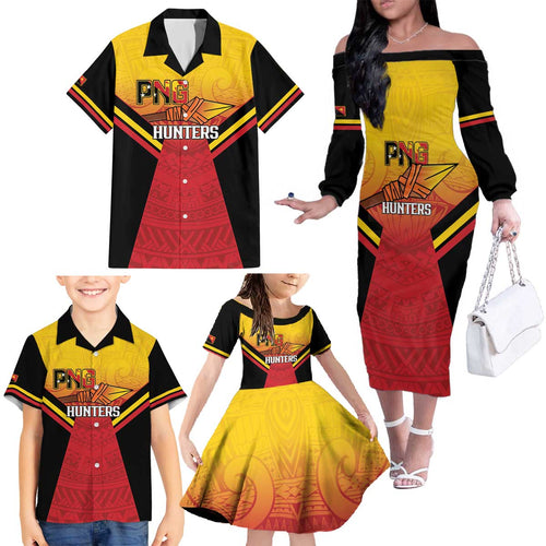 Papua New Guinea Rugby Custom Family Matching Off The Shoulder Long Sleeve Dress and Hawaiian Shirt Go PNG Hunters Polynesian Pattern - Aussie Hoodie