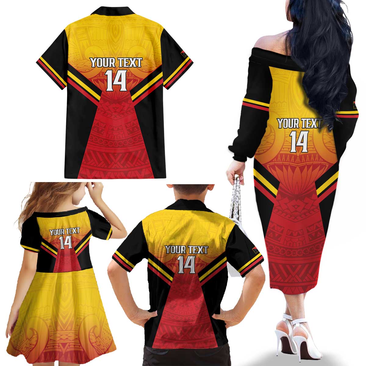 Papua New Guinea Rugby Custom Family Matching Off The Shoulder Long Sleeve Dress and Hawaiian Shirt Go PNG Hunters Polynesian Pattern - Aussie Hoodie