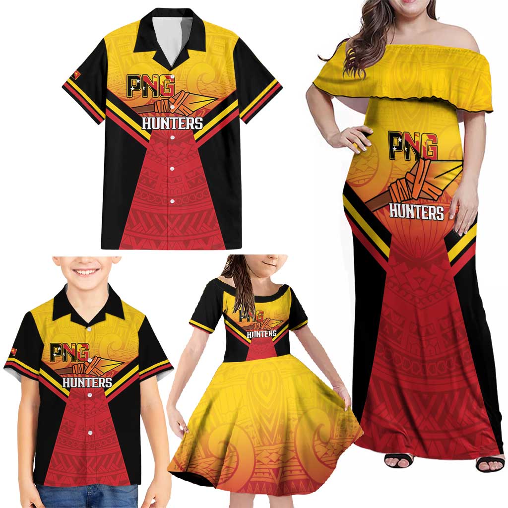 Papua New Guinea Rugby Custom Family Matching Off Shoulder Maxi Dress and Hawaiian Shirt Go PNG Hunters Polynesian Pattern - Aussie Hoodie