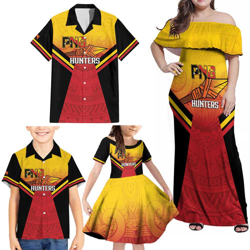 Papua New Guinea Rugby Custom Family Matching Off Shoulder Maxi Dress and Hawaiian Shirt Go PNG Hunters Polynesian Pattern - Aussie Hoodie