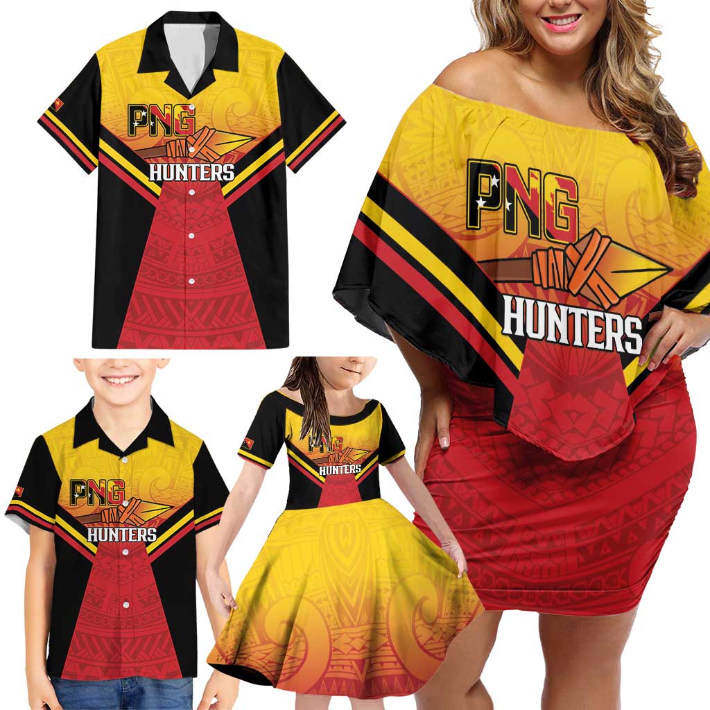 Papua New Guinea Rugby Custom Family Matching Off Shoulder Short Dress and Hawaiian Shirt Go PNG Hunters Polynesian Pattern - Aussie Hoodie