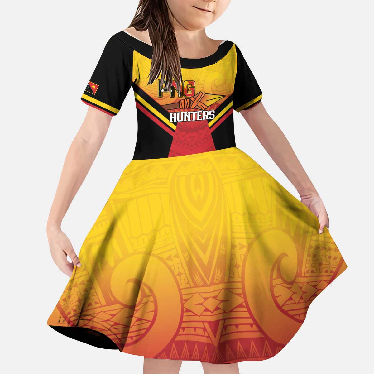Papua New Guinea Rugby Custom Kid Short Sleeve Dress Go PNG Hunters Polynesian Pattern - Aussie Hoodie