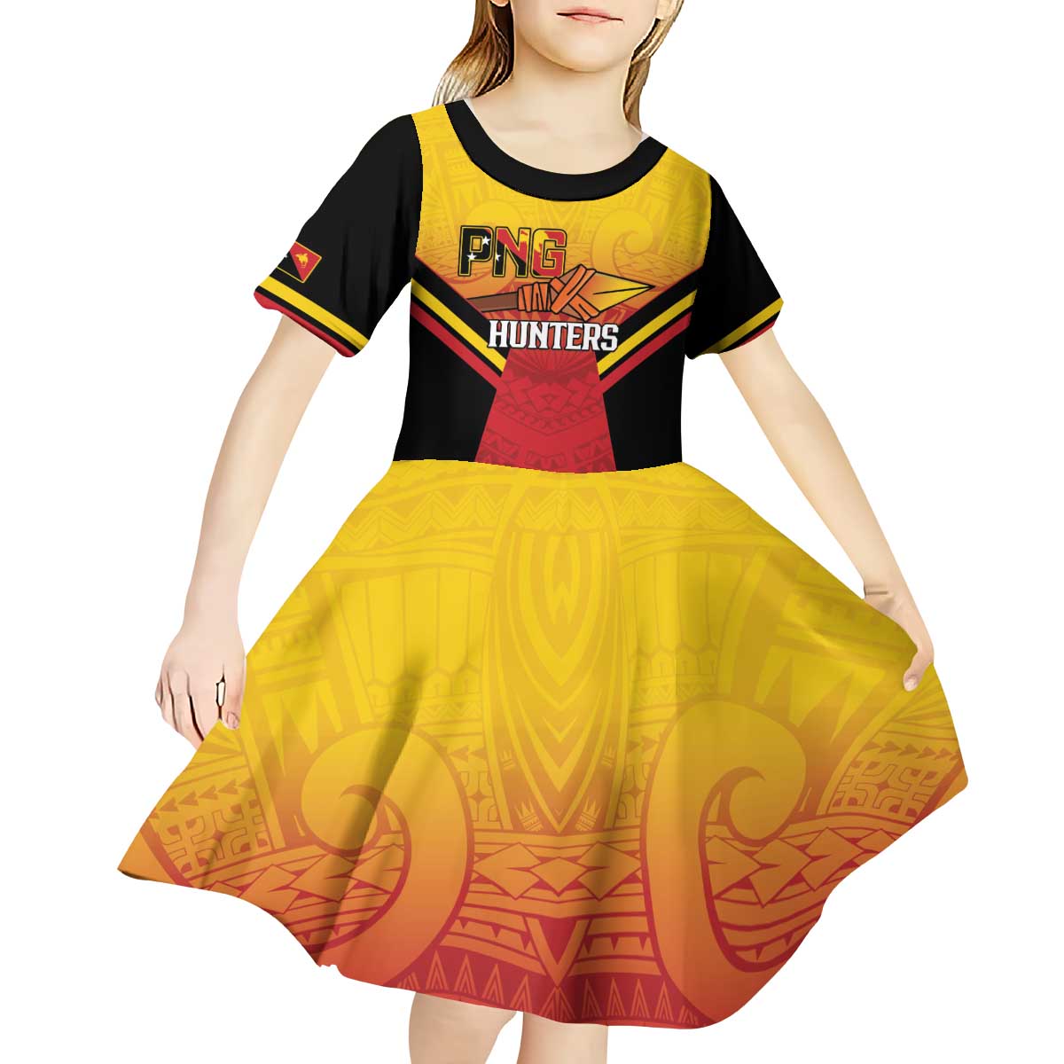 Papua New Guinea Rugby Custom Kid Short Sleeve Dress Go PNG Hunters Polynesian Pattern - Aussie Hoodie