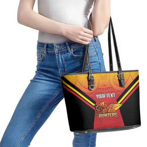 Papua New Guinea Rugby Custom Leather Tote Bag Go PNG Hunters Polynesian Pattern - Aussie Hoodie