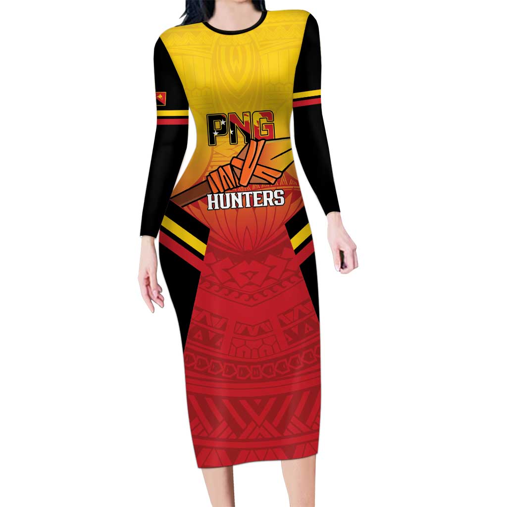 Papua New Guinea Rugby Custom Long Sleeve Bodycon Dress Go PNG Hunters Polynesian Pattern - Aussie Hoodie