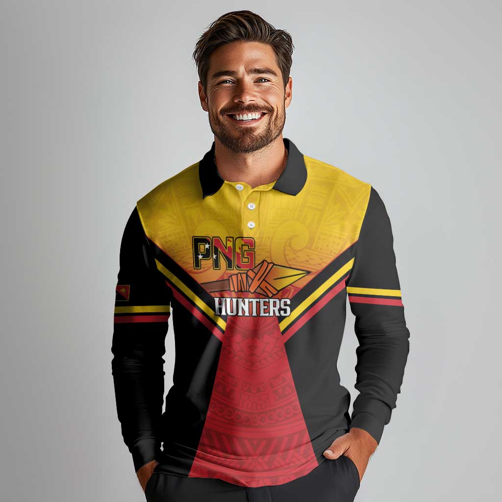 Papua New Guinea Rugby Custom Long Sleeve Polo Shirt Go PNG Hunters Polynesian Pattern - Aussie Hoodie