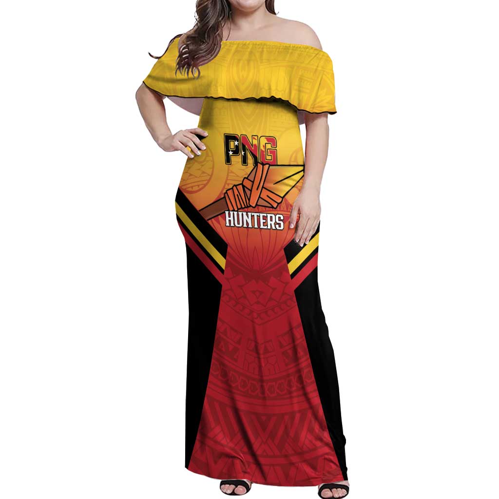Papua New Guinea Rugby Custom Off Shoulder Maxi Dress Go PNG Hunters Polynesian Pattern - Aussie Hoodie