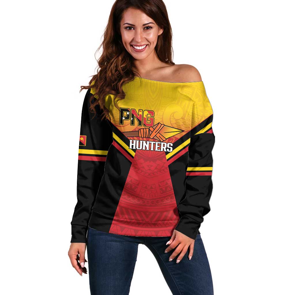 Papua New Guinea Rugby Custom Off Shoulder Sweater Go PNG Hunters Polynesian Pattern - Aussie Hoodie