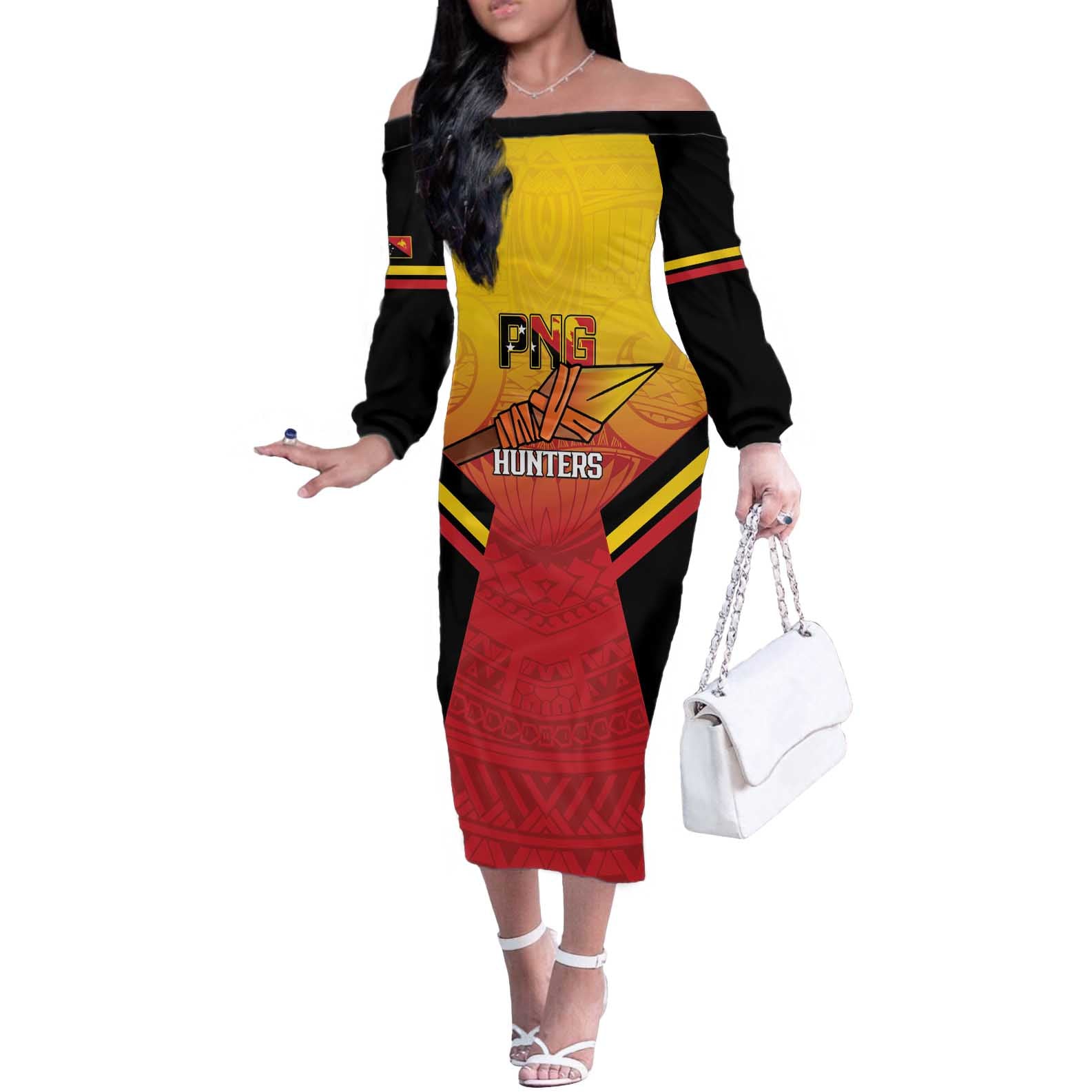 Papua New Guinea Rugby Custom Off The Shoulder Long Sleeve Dress Go PNG Hunters Polynesian Pattern - Aussie Hoodie