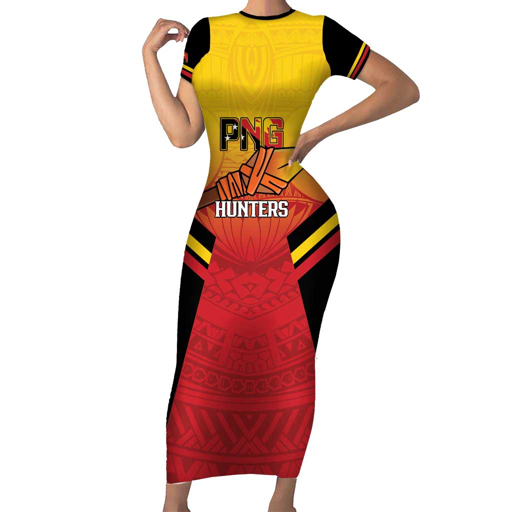 Papua New Guinea Rugby Custom Short Sleeve Bodycon Dress Go PNG Hunters Polynesian Pattern - Aussie Hoodie