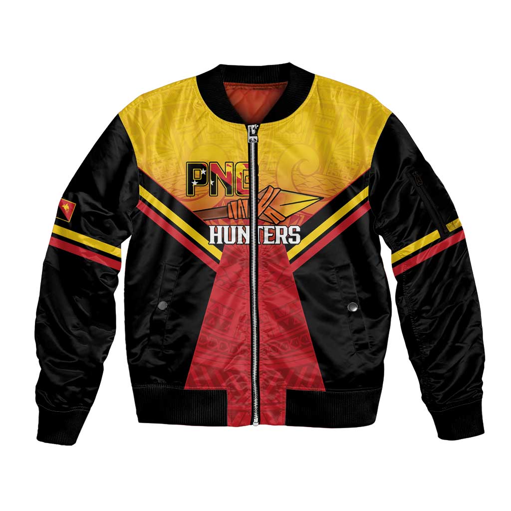 Papua New Guinea Rugby Custom Sleeve Zip Bomber Jacket Go PNG Hunters Polynesian Pattern - Aussie Hoodie