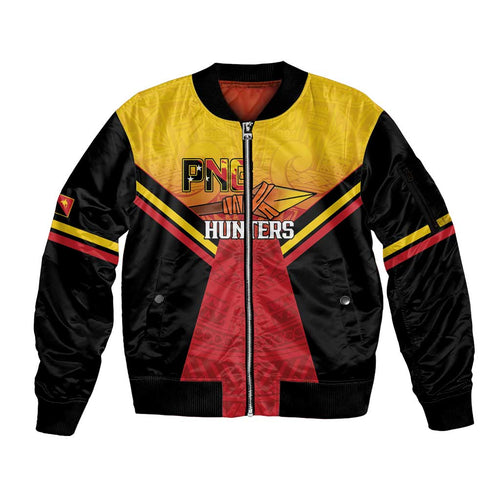 Papua New Guinea Rugby Custom Sleeve Zip Bomber Jacket Go PNG Hunters Polynesian Pattern - Aussie Hoodie