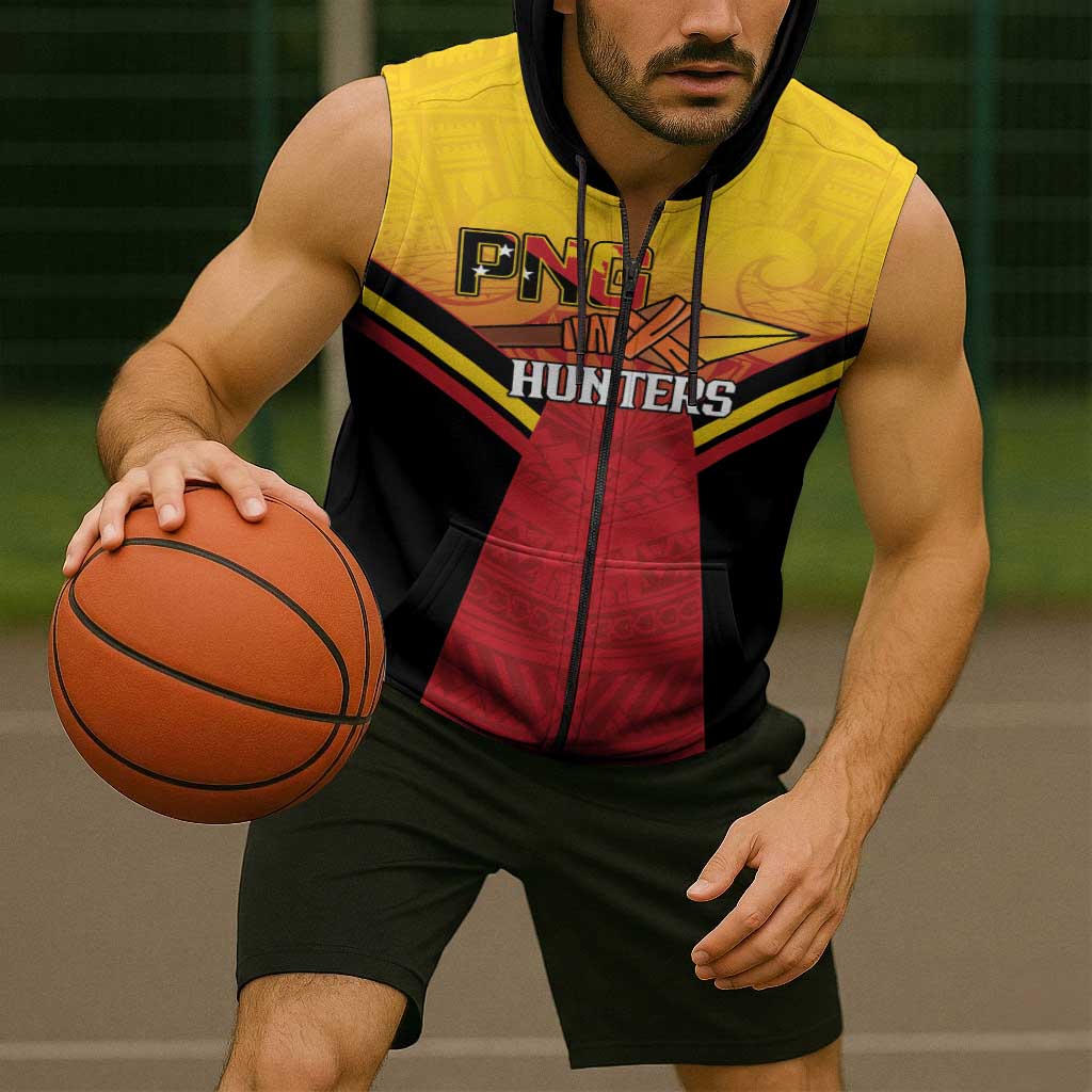 Papua New Guinea Rugby Custom Sleeveless Zip Hoodie Go PNG Hunters Polynesian Pattern LT14