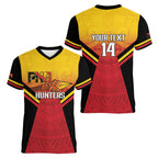 Papua New Guinea Rugby Custom Women V-Neck T-Shirt Go PNG Hunters Polynesian Pattern - Aussie Hoodie