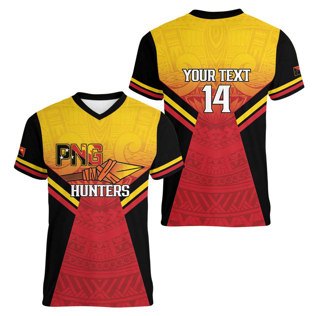 Papua New Guinea Rugby Custom Women V-Neck T-Shirt Go PNG Hunters Polynesian Pattern - Aussie Hoodie