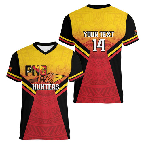 Papua New Guinea Rugby Custom Women V-Neck T-Shirt Go PNG Hunters Polynesian Pattern - Aussie Hoodie