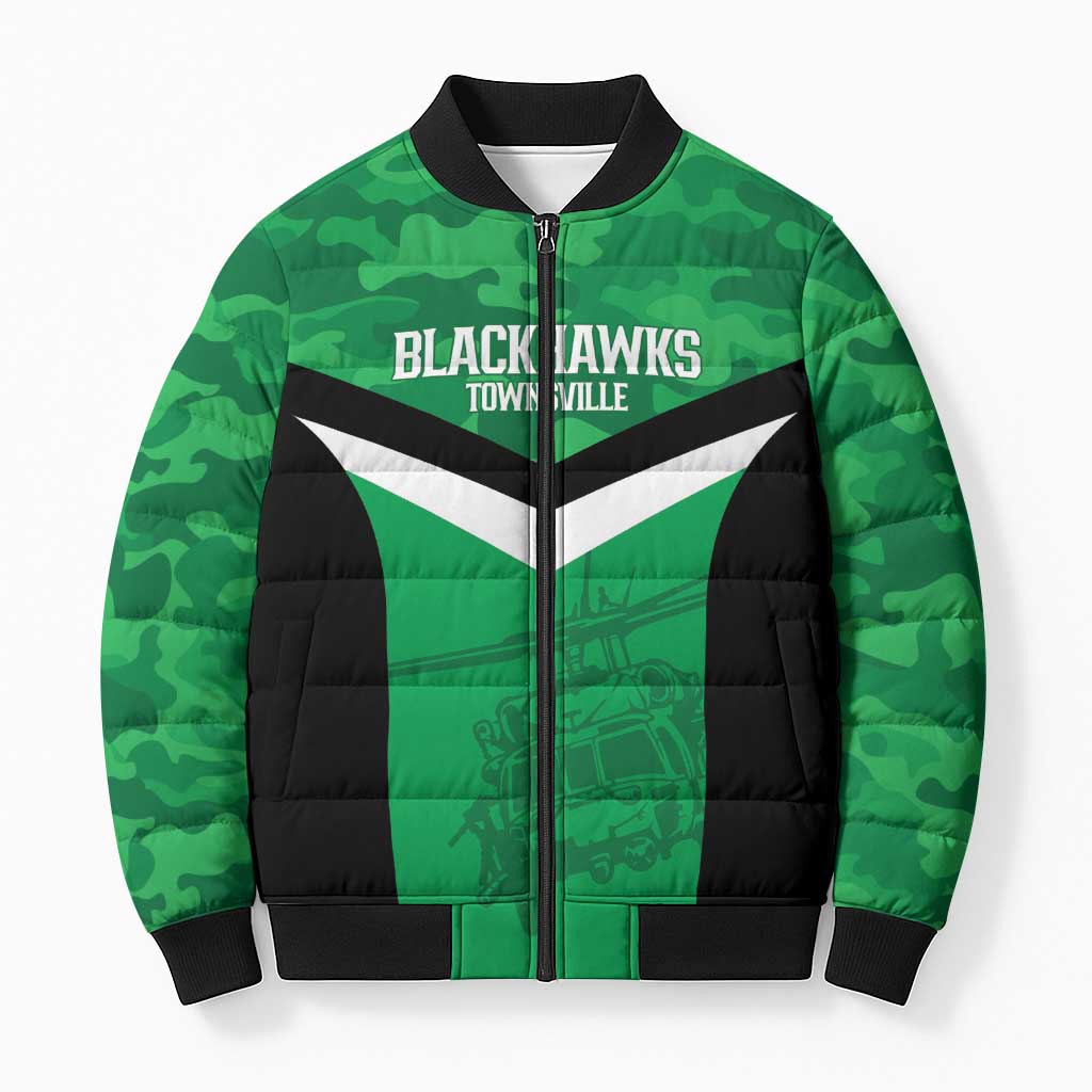 Townsville Rugby Custom Bomber Puffer Jacket Go Blackhawks Camouflage Pattern - Aussie Hoodie